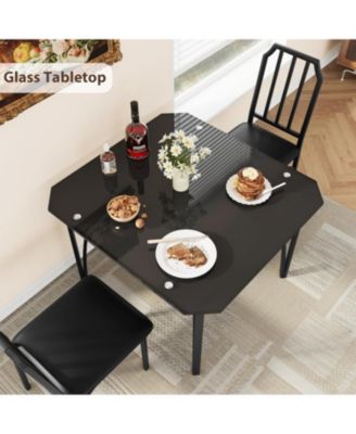 Modern Glass Dining Table Set with Upholstered Chairs, Chamfered Edge, Durable Tempered Glass, Small Apartment