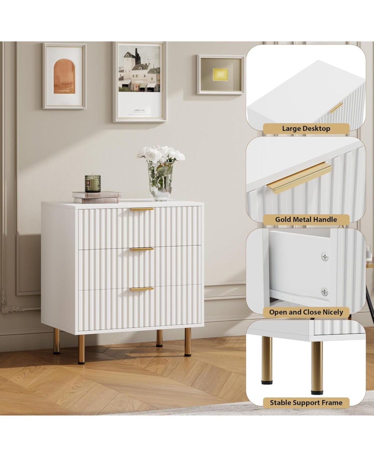 gaomon 3-Drawer Modern Fluted White Dresser, Stylish Nightstand with Deep Drawers, Wide Top, Organizer for Bedroom, Living Room, Kids Room