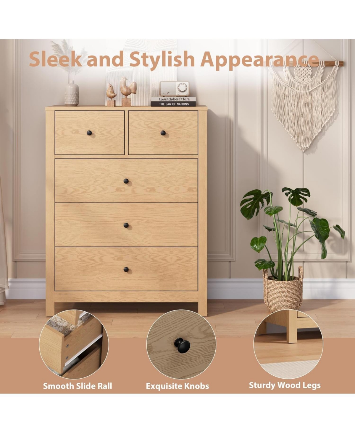 gaomon 5-Drawer Wooden Modern Tall Dresser with Deep Drawers and Metal Knobs