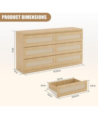 6 Drawer Natural Wood Multi-Purpose Rattan Fronts, Smooth Operation, TV Stand - Dresser