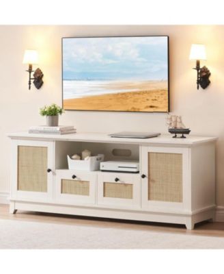 Rattan TV Stand for 65/70 Inch TV, Modern Media Console with 2 Drawers, 2 Cabinets and Adjustable Shelf