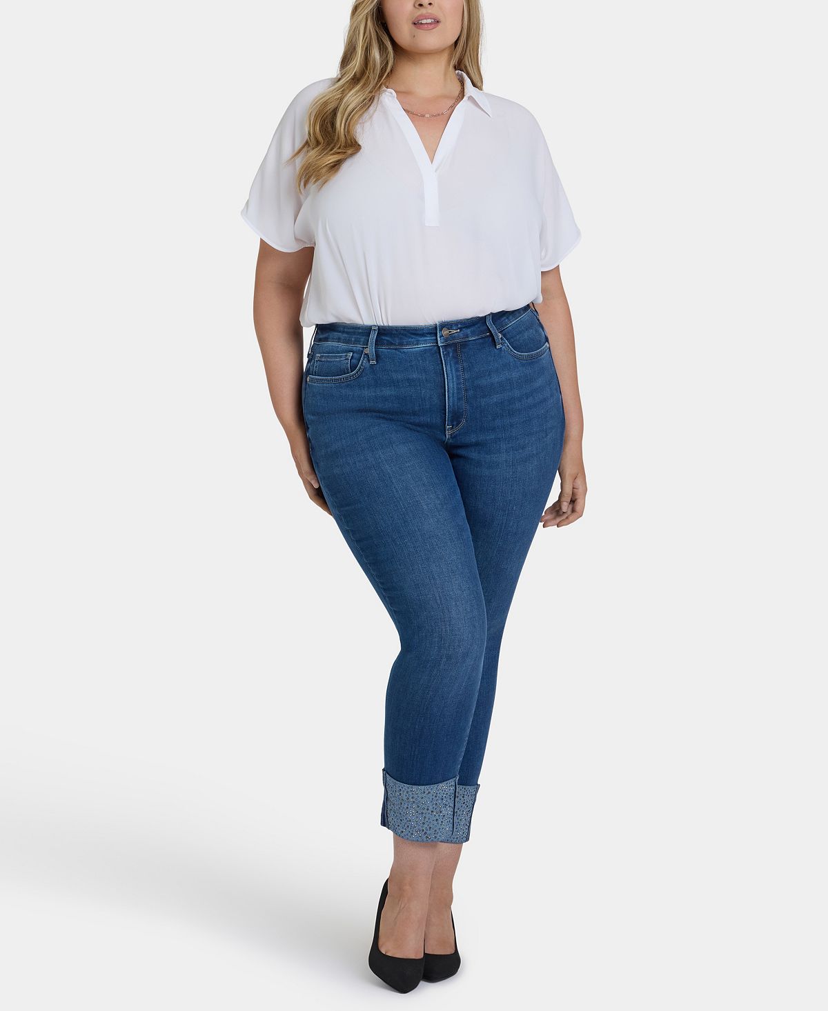 NYDJ Plus Size Sheri Slim Ankle Rhinestone Cuff Jeans view 1 — MAYCSS fashion products