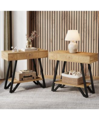 End Side Table Set of 2, Narrow Couch Arm Side Table with Storage Shelves, Small Bedside Nightstand