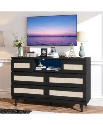 6-Drawer Modern Rattan Dresser for Bedroom, LED Dresser with Charging Station, TV Stand, Closet, Living Room, Hallway