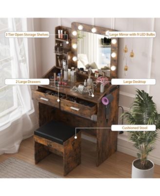 Vanity Desk with Mirror and Lights, Makeup Vanity with Power Outlet, Modern Bedroom or Dressing Room