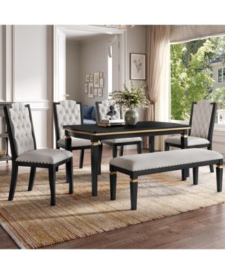 6-Piece Dining Table Set- 60" Table, 4 Tufted Chairs & Bench (Black)