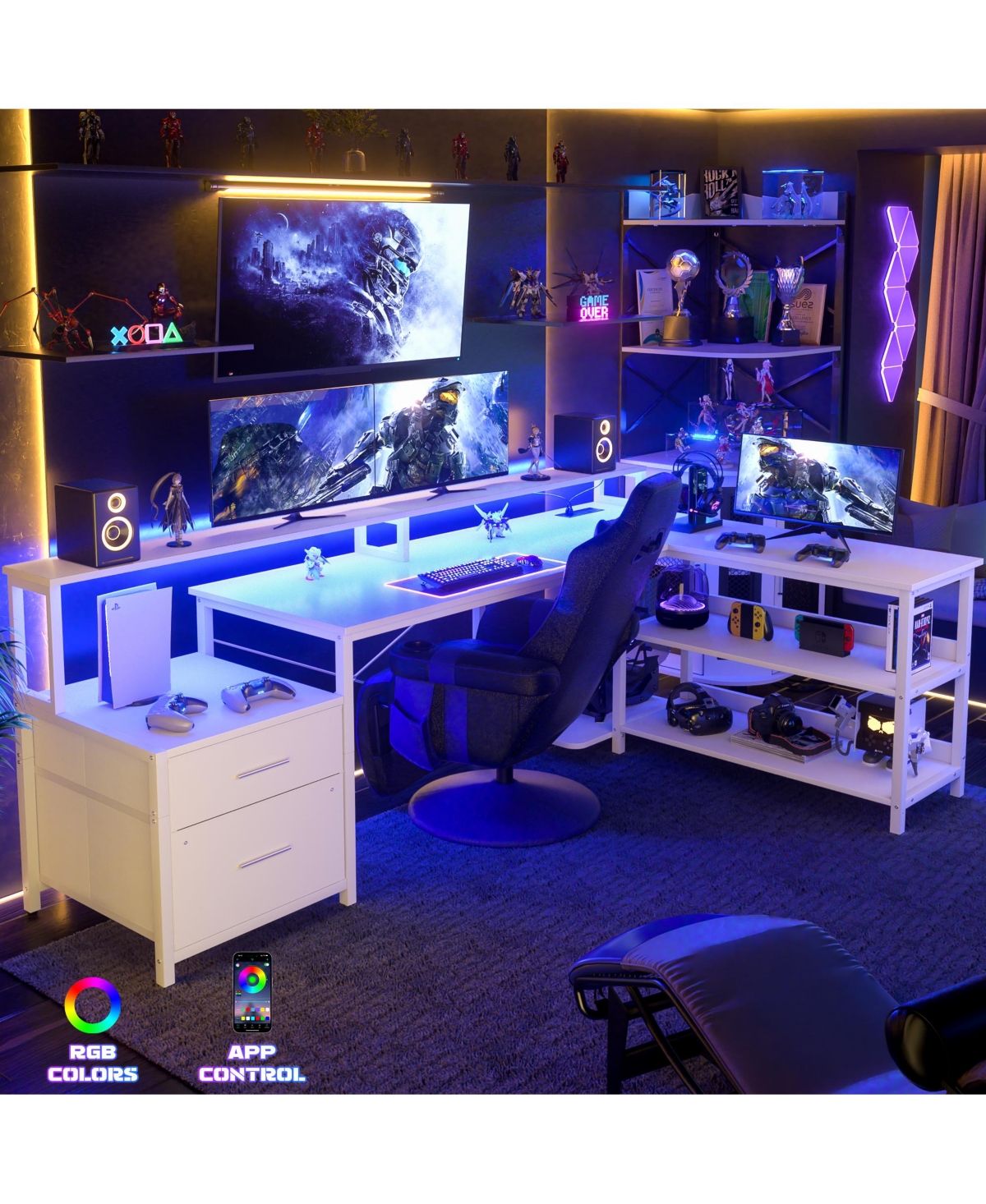 Aheaplus 72.8" L Shaped Desk with File Drawer, Reversible Computer Power Outlet, Led Strip, Monitor Stand & Storage Shelves