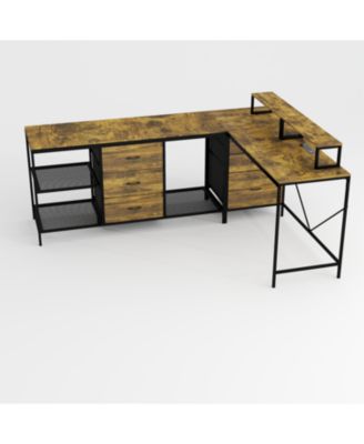 114" L-Shaped Desk with Power/USB-C 6 Drawers 3 Shelves Monitor Stands Rustic Brown