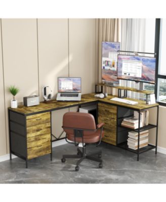 114" L-Shaped Desk with Power/USB-C 6 Drawers 3 Shelves Monitor Stands Rustic Brown