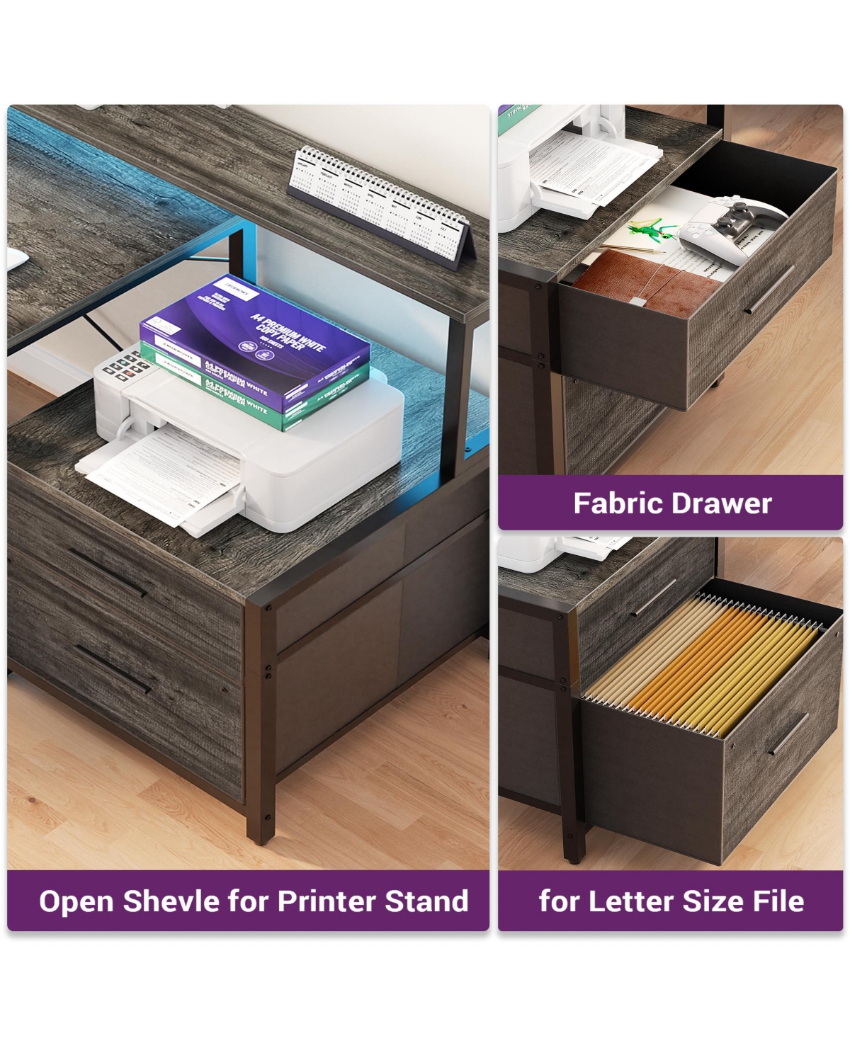 Aheaplus 72.8" L Shaped Desk with File Drawer, Reversible Computer Power Outlet, Led Strip, Monitor Stand & Storage Shelves