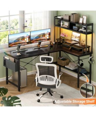 49'' Reversible L Shaped Gaming Desk with Power Outlet and LED Lights, Corner Desk with Hutch & Monitor Stand