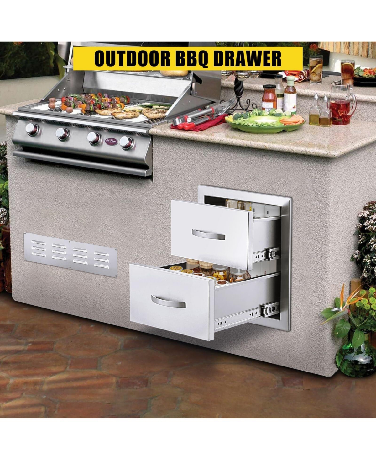 gaomon 14W x 23D x 15H Inch Stainless Steel Outdoor Kitchen Drawers, Flush Mount Double Bbq Access Drawers