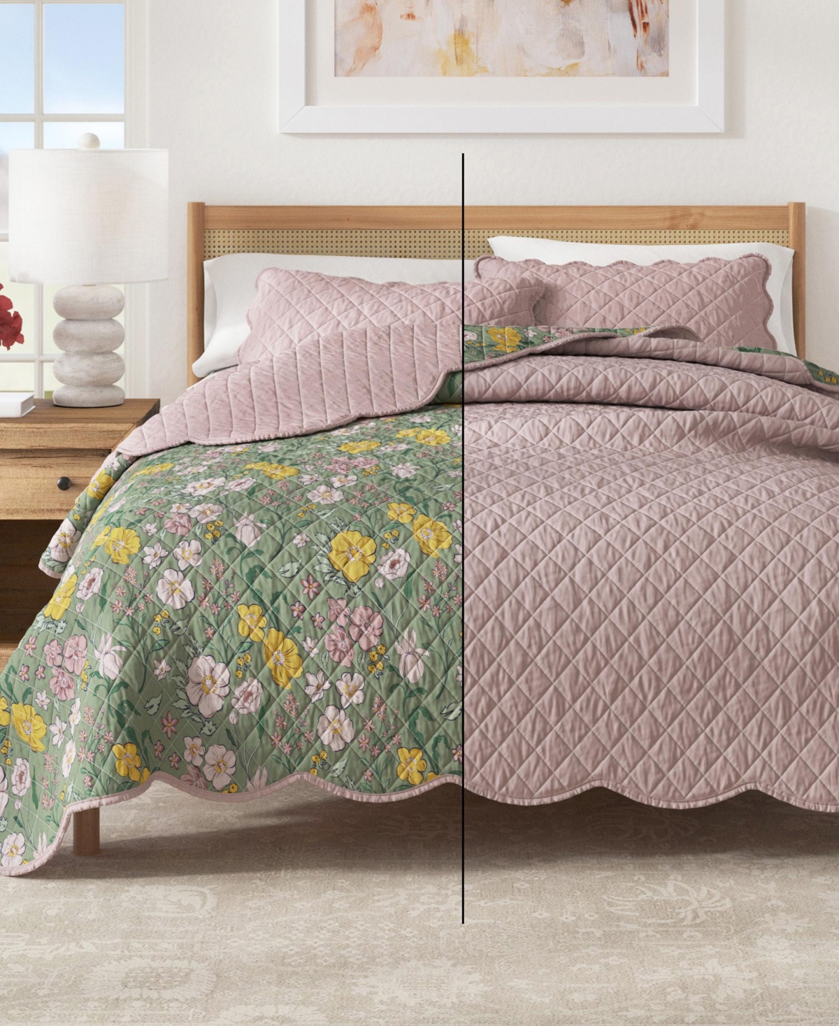 Linery & Co. Cotton Stitched Reversible Floral 3 Piece Scalloped Quilt and Sham Set