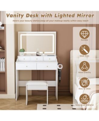 Modern Vanity Desk with Lighted Mirror & Outlet