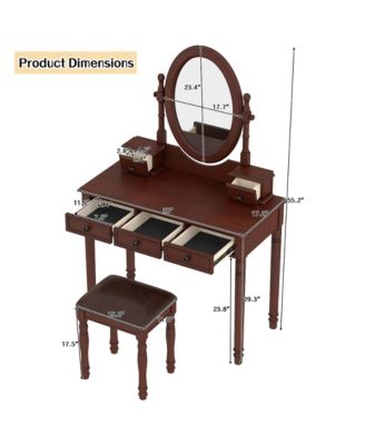 Vanity Desk with Mirror, Cushioned Stool, 5 Drawers - Walnut