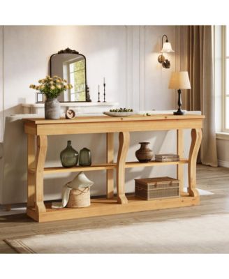 63" Solid Wood Console Table, 3-Tier Farmhouse Sofa Table with Storage