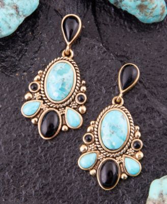 Barcelona Blue Turquoise and Black Onyx Post Drop Golden Earrings