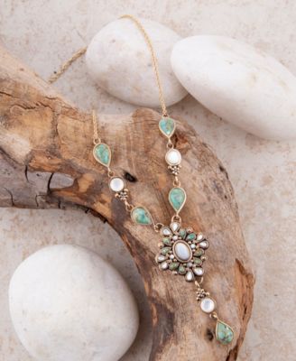 White Mother of Pearl and Blue Turquoise Golden Barcelona Y-Necklace