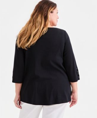 Plus Size Solid Boat-Neck Cotton Lace-Up-Sleeve Tunic