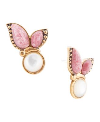 Pink Rhodonite and White Mother of Pearl Golden Butterflies Post Earrings