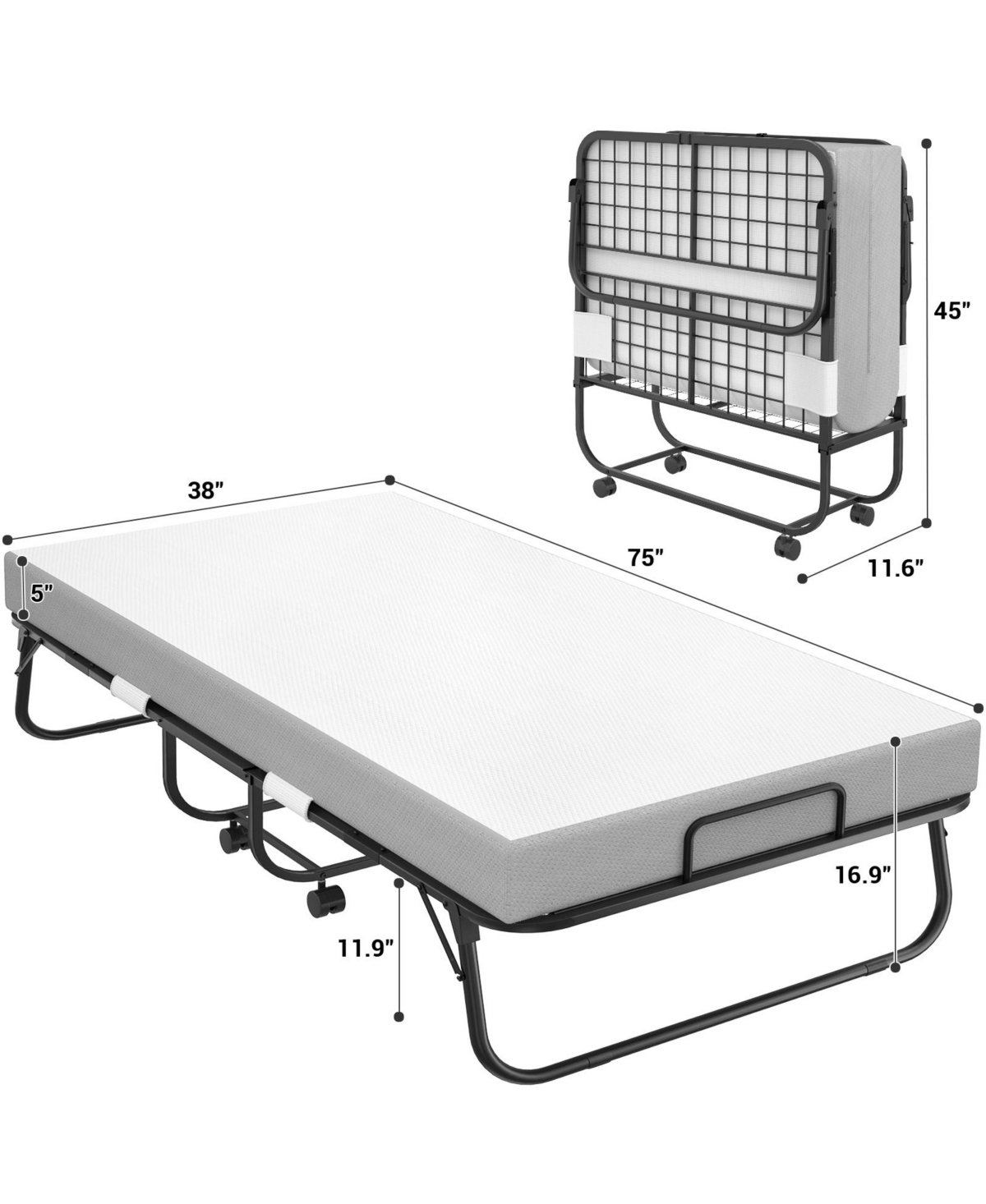 Aheaplus 38" Twin Size Folding Bed with 4.5" Memory Form Mattress and Sturdy Metal Frame