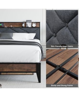 MDF Platform Bed Frame 11” Storage Charging Port Upholstered Wingback Headboard Grey