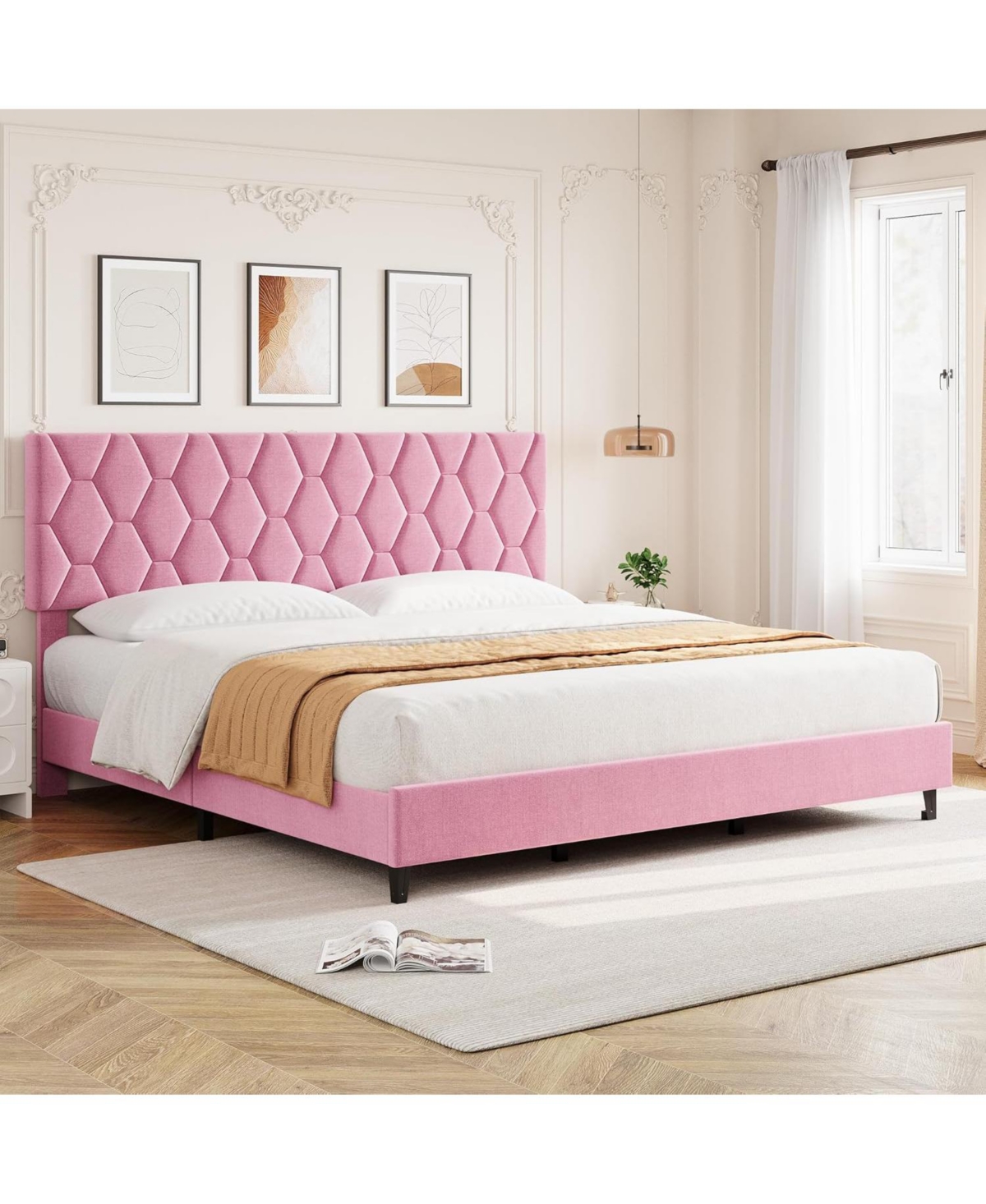 gaomon King Bed Frame Pink Upholstered Headboard Heavy Duty Platform Strong Wood Slats No Box Spring Noise Free Easy Assembly