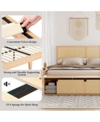 King Rattan Platform Bed with Sliding Barn-Door Storage Natural Wood Frame  and Solid Wood Legs Strong Support No Box Spring Needed