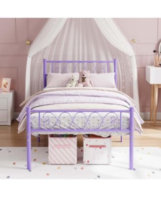 Twin Metal Platform Bed with Purple Heart-Design Headboard and Footboard, Underbed Storage, Sturdy Frame
