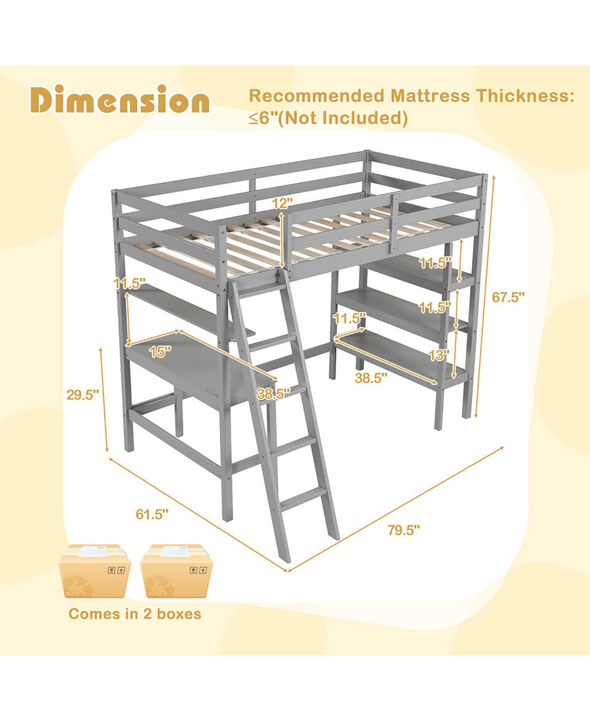 Gymax Twin Solid Wood Loft Bed w/ Desk & Bookshelves Ladder Guardrails