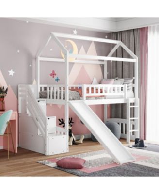  Twin Loft Bed with Drawers and Slide, Gray