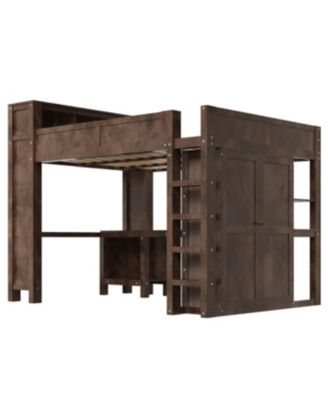 Wooden Queen Loft Bed with Wardrobe, Desk, Storage Headboard