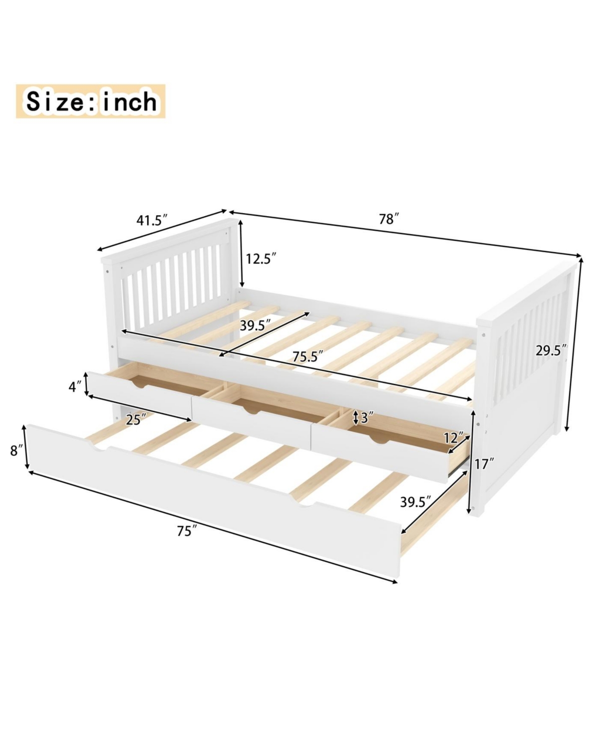 Streamdale Furniture Twin Platform Bed with Drawers, Trundle, Solid Wood Daybed, White