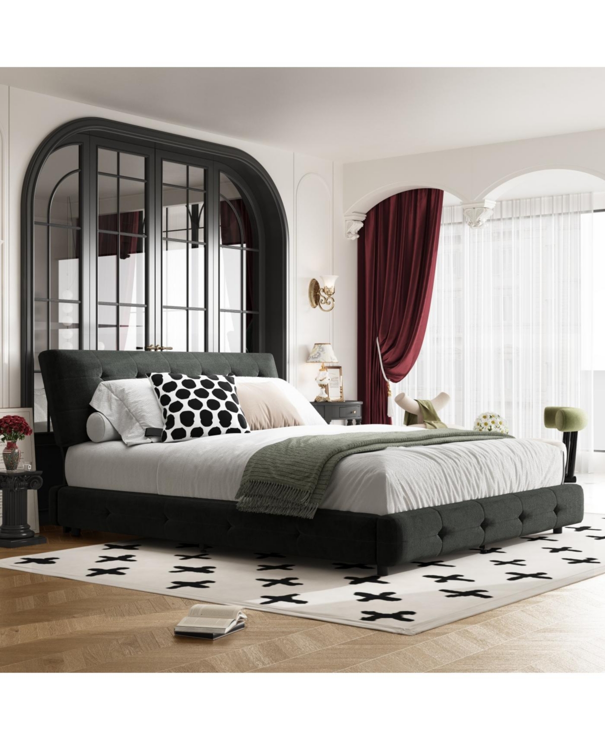 Streamdale Furniture Queen Size Pine Wood and Metal Frame Bed Frame with Tufted Headboard, Chenille Platform Bed