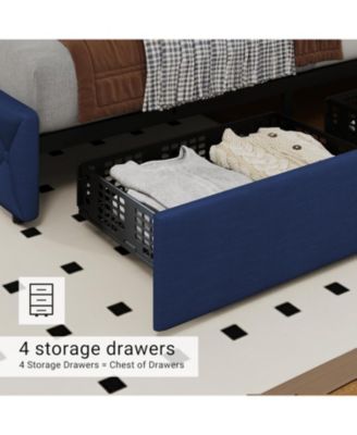Full Size Bed Frame 4 Storage Drawers and Headboard Linen Upholstered Diamond Tufted Easy Assembly Noise-Free