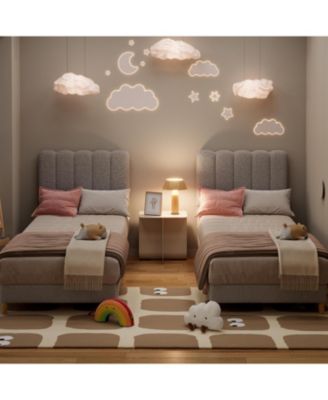 Twin Bed Frame Boucle Upholstered Wave Headboard Kids Girls Boys Wooden Slats No Box Spring Grey