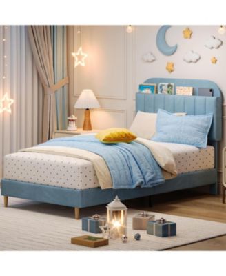 Twin XL Bed Frame with Storage Headboard Velvet Upholstered Platform for Kids Boys Wooden Slats Noise Free