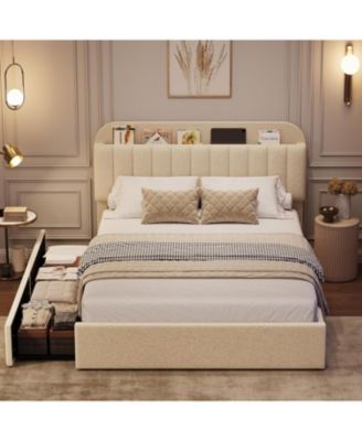 Full Size Boucle Upholstered Platform Bed Frame with Storage Headboard Bookcase 2 Drawers No Box Spring Beige White