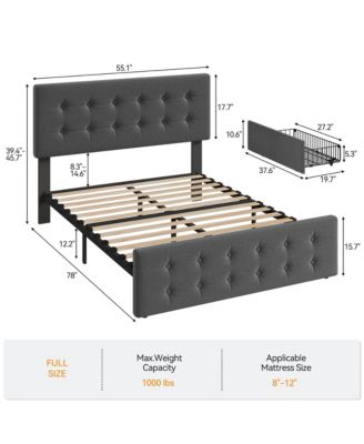 Full Bed Frame with Headboard and 4 Storage Drawers, Platform Bed Frame Square Stitched Button Tufted