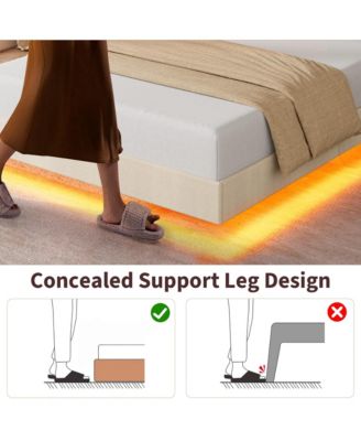 Queen Size Floating Bed Frame, Suspended Bed with RGB LED Lights and Charging Station, Upholstered Bed Frame