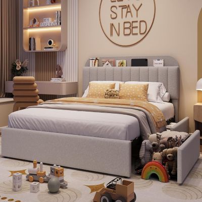 Boucle Storage Bed with Built-In Bookcase, 2 Drawers, Sturdy Frame, No Box Spring Required