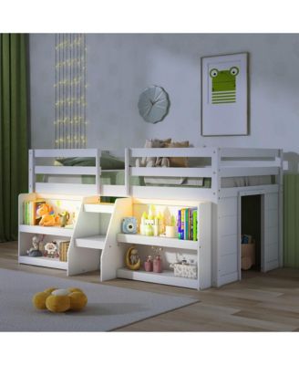 Twin Size Loft Bed w/ LED Lights Staircase & Safety Guardrail Under-bed Storage