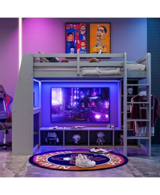 Gray Wood Twin Size Gaming Loft Bed w Built In Desk Storage Cabinets Hanging Clothes Rack LED Lighting Kids Teens Bedroom Furniture