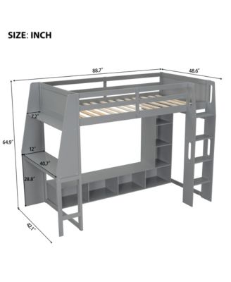 Gray Wood Twin Size Gaming Loft Bed w Built In Desk Storage Cabinets Hanging Clothes Rack LED Lighting Kids Teens Bedroom Furniture