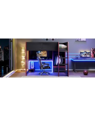 Wood Gaming Loft Bed with BuiltIn Desk Wardrobe and Storage Drawer LED Lighting Space Saving Furniture for Teens and Adults Bedrooms