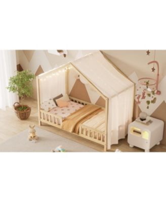 Streamdale Montessori Floor Bed with Canopy, Twin Bed Frame for Kids
