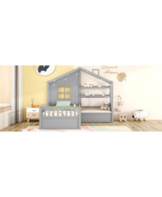 Twin Size Pinewood House Bed with Linen Sofa, Drawers and Storage Shelf