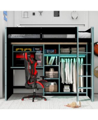 Full Size Wood Loft Bed with Desk, Wardrobe, Storage & RGB Lights