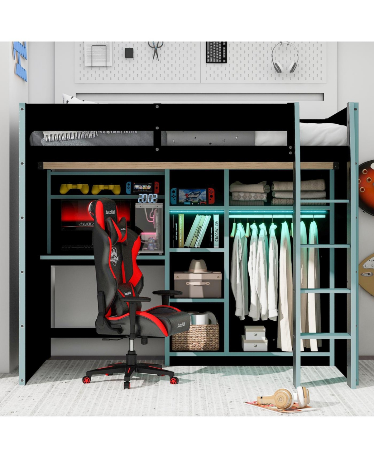 Streamdale Furniture Full Wood Loft Bed with Desk, Wardrobe, Storage & Rgb Lights