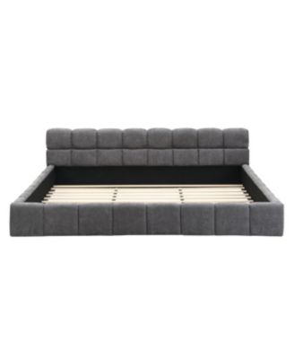 Elegant Beige Chenille Upholstered Bed with Checkerboard Design, King, Grey